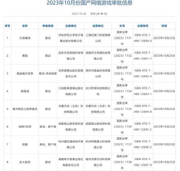 国家新闻出版署发布“10月份国产网络游戏审批信息”，共87款游戏获得版号!